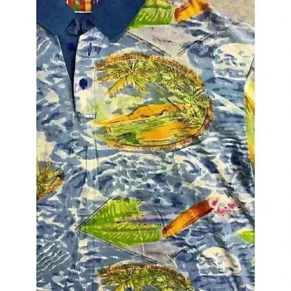 Vintage 90s Dad M E Sport Polo Mens Medium Beach Hawaiian Short Sleeve Shirt - Picture 1 of 5
